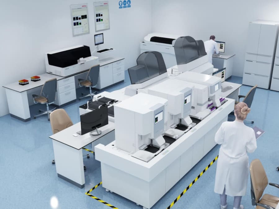 Clinical laboratory with Mindray hematology, chemistry and immunoassay analyzers installed across three benches